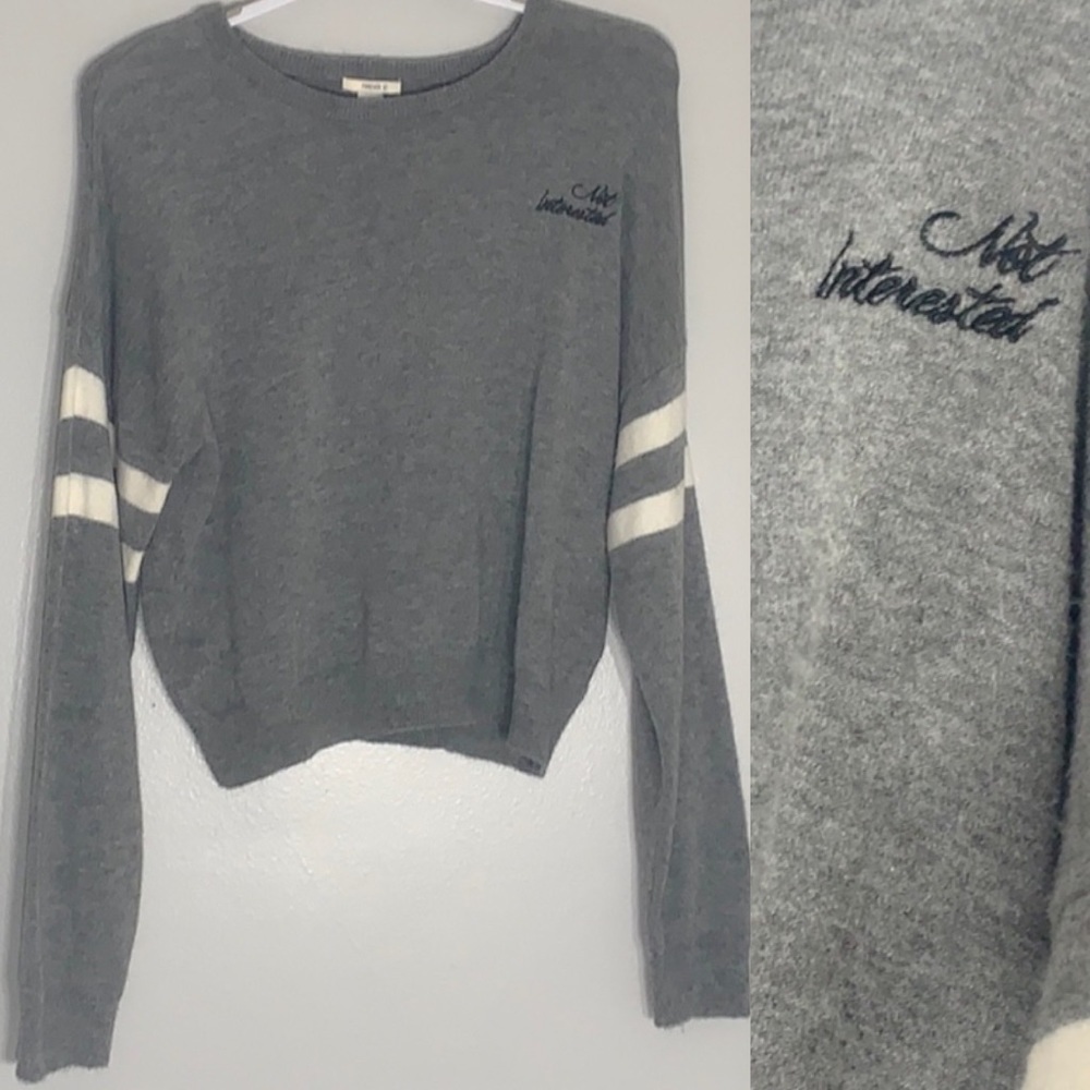 Forever 21 Not Interested Letterman Crewneck Sweater grey medium academia